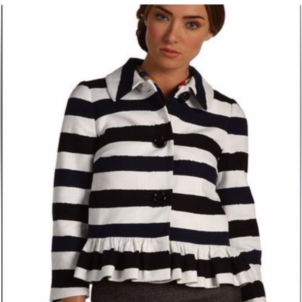 Kate Spade | Ari | All Aboard navy blue white striped ruffled hem jacket